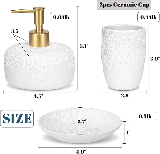 Bathroom Accessories Set, 4pcs Ceramic with Embossed Design Look Sets Bathroom Soap Dispenser with Rust-Proof Plastic Pump 13.5oz & 2Pcs Ceramic Cup, 1Pcs Soap Dish