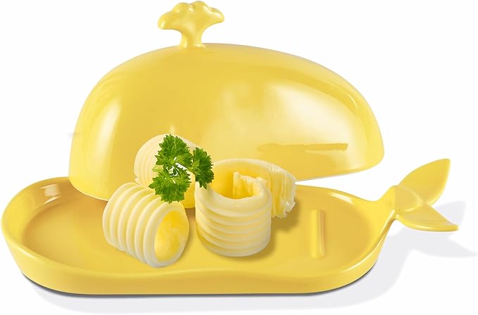 Whale Butter Dish with Lid, Cute Ceramic Butter Dish with Handle for Countertop, Funny Butter Holder Butter Keeper for Kitchen Decor, Ideal Gifts for Housewarming,Wedding, Yellow