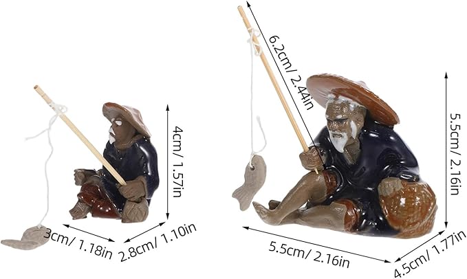 YARNOW 2pcs Mini Fisherman Figurines Ceramic Zen Garden Decor Fishing Sculpture for Aquariums Bonsai Fairy Gardens Durable Asian Zen Decoration for Home and Outdoor Use
