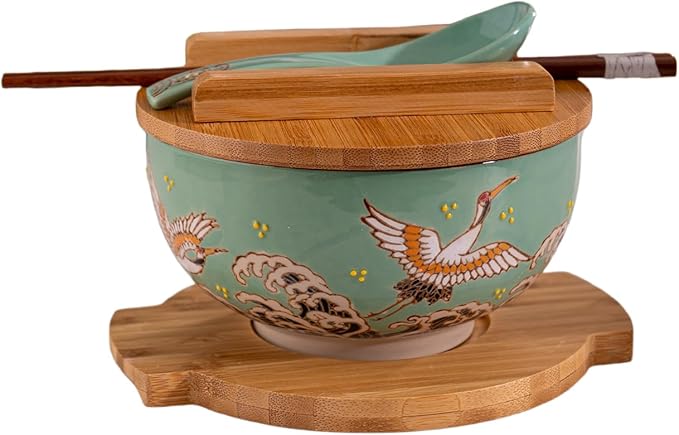 Urban Tokyo Japanese Kamameshi Style Ceramic Glazed Japanese Ramen Udon Pho Noodle Bowl With Spoon, Bamboo Lid, Chopsticks and Trivet 5 Piece Set (Japanese Crane), BCH625