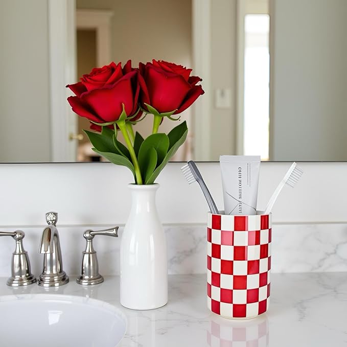 Ceramic Toothbrush Holder, Red Tooth Brush Holders for Bathrooms, Modern Cute Toothbrush Tumbler/Cup, Toothbrushes Toothpaste Dispenser for Countertop Storage, Checkered Bathroom Decor