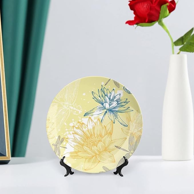 XISUNYA 8 Inch Decorative Plate,Dragonfly Ceramic Craft, Boho Style Plants and Spiritual Dragonflies Sketchy Print Ornament Display Plate Decor Accessory for Dining, Parties, Wedding