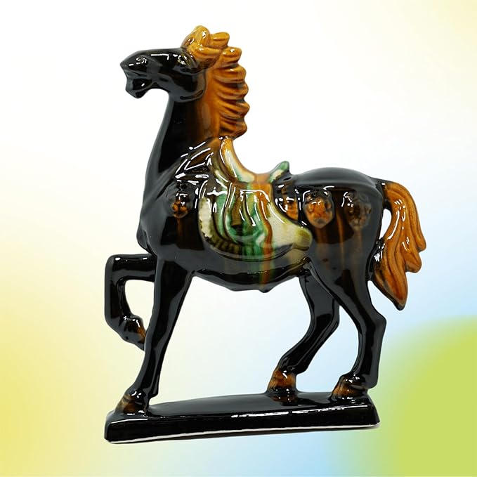 Handmade -Tang Dynasty Tri-Color Horse Sculpture Ceramic Horse-19cm Cultural Art Piece for Home,Bookcase or Office Decor (Black)