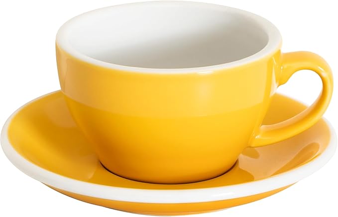 Loveramics Cappuccino Cup with Saucer, 8 oz Ceramic Coffee cup with Round Bottom for Cappuccino, Latte, Tea, Espresso, Thick-walled Stoneware Cup Set for Barista - Regular Colours (Yellow, 8OZ)