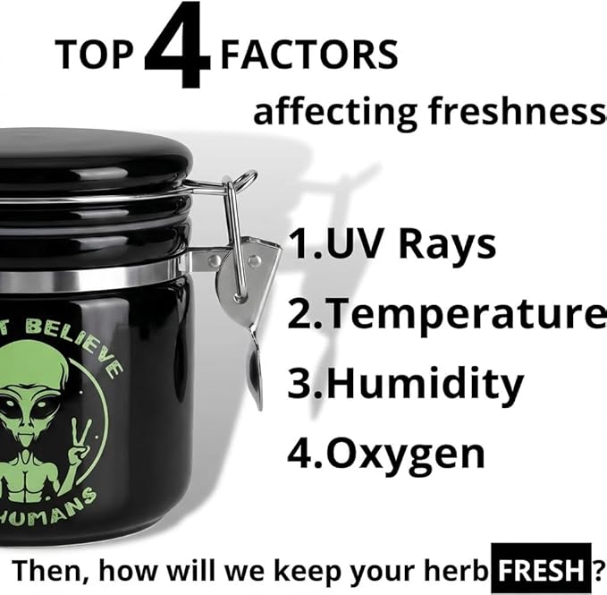 Alien Smell Proof Jar Half Oz (250ml), Separate Space for Humidity Pack To Keep Herbs Fresh For Months - Ceramic Smell Proof Containers, ET Stash Jar with Clamp Lid - Double Sealed Airtight Jar -Black