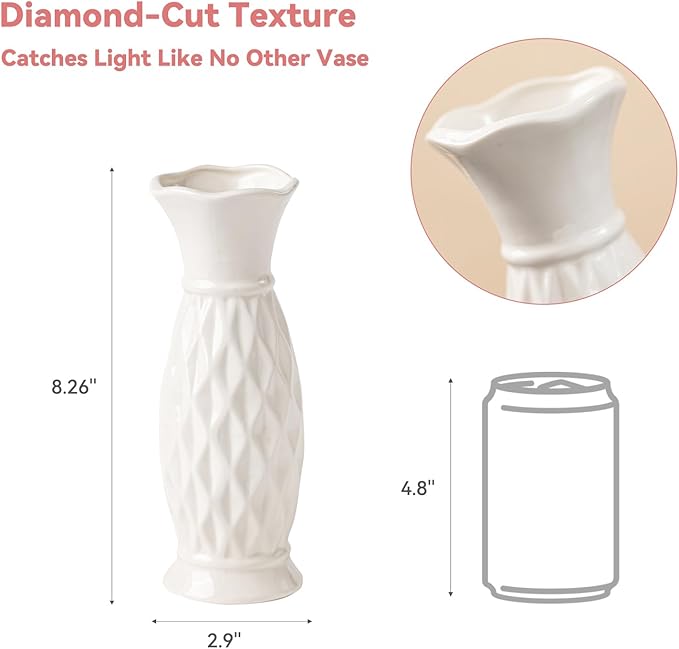 White Ceramic Vase with Diamond Texture - 8.3" Unique Flower Vase for Pampas Grass & Centerpieces, Decorative Boho/Farmhouse Vase for Living Room, Office Desk & Gift for Her/Yourself