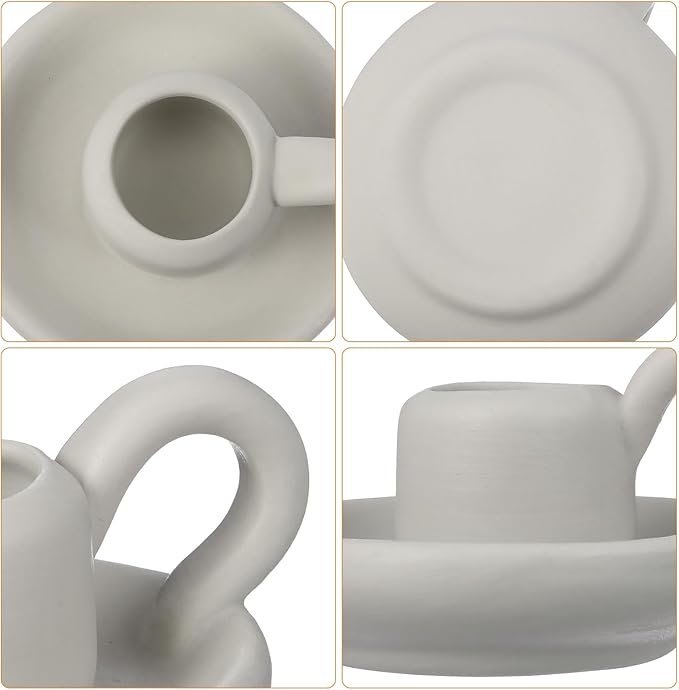 DOITOOL Ceramic Candle Holder with Handle White Taper Candle Holder Nordic Style Ceramic Candlestick Holders for Wedding Halloween Christmas Table Decoration Display (9.5 x 7cm) 2PCS
