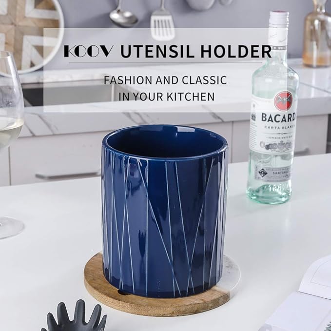 KOOV Kitchen Utensil Holder, Large Ceramic Utensil Crock, Deep and Stable, Containers for Household or Kitchen Use (Aegean)