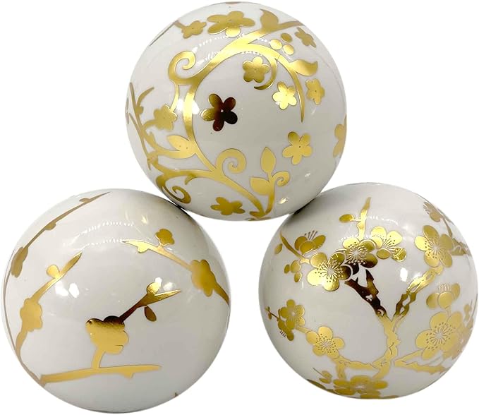 Galt International 4" Diameter Gold & White Floral Chinoiserie Ceramic Ball (Set of 3) | Decorative Ball Vase Bowl Filler