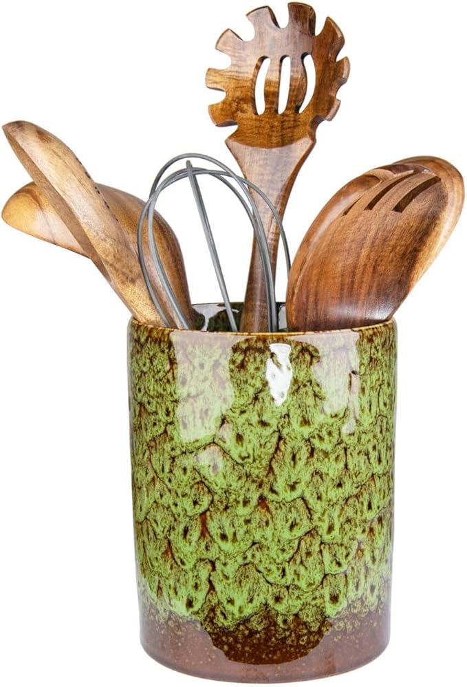 Utensil Holder, Green Ceramic Kitchen Utensil Holder for Countertop, Large Cooking Utensil Crocks for Kitchen Counter, Morden Utensil Organizer for Spatula, kitchen Decor