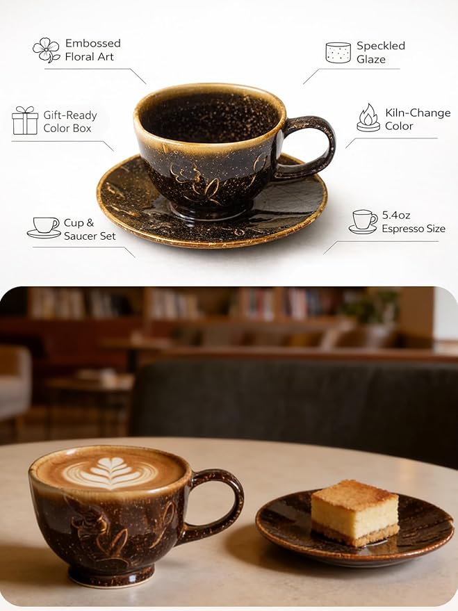 Ceramic Coffee Cup and Saucer Set 5.4oz (160ml), Brown Speckled Glaze Espresso Cup with Plate, Small Cappuccino Cup for Home, Café, Office