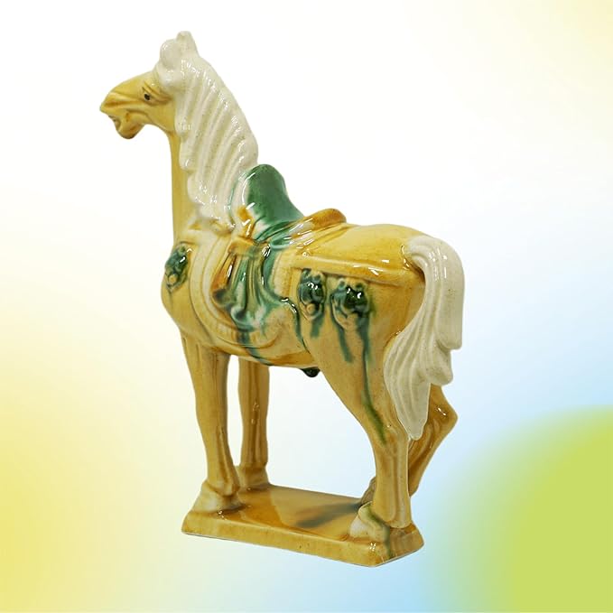 Handmade Tang Dynasty Tri-Color Horse Ceramic Sculpture - 19cm Traditional Chinese Cultural Art Decor - Symbol of Prosperity & Good Fortune - Perfect for Home, Office, Bookcase Shelf (Yellow)