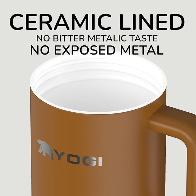 YOGI Ceramic Lined Metal Allergy Safe 24oz Tumbler with Handle and Straw Leakproof Flip & Sip Lid Vacuum Insulated Stainless Steel Travel Cup for Iced Coffee Water and All-Day Hydration 24oz Amber