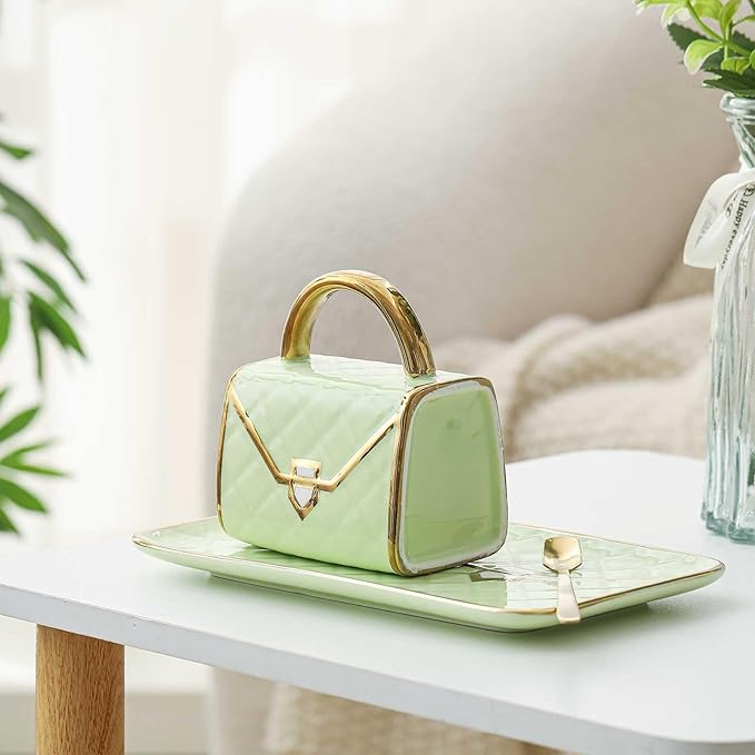 Zubebe 1 Set Coffee Mug Elegant Handbag Shaped Cup Mother's Day Modern Ceramic Purse Mug with Spoon and Saucer, 10oz Cute Creative Tea Cup for Woman Girls Gift (Light Green)