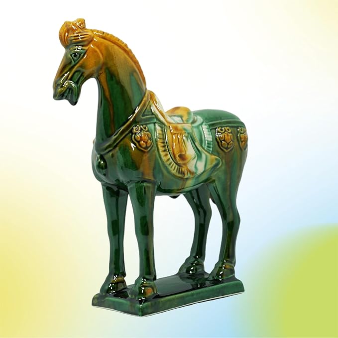 Handmade Tang Dynasty Tri-Color Horse Ceramic Sculpture - 19cm Traditional Chinese Cultural Art Decor - Symbol of Prosperity & Good Fortune - Perfect for Home, Office, Bookcase Shelf (Green)