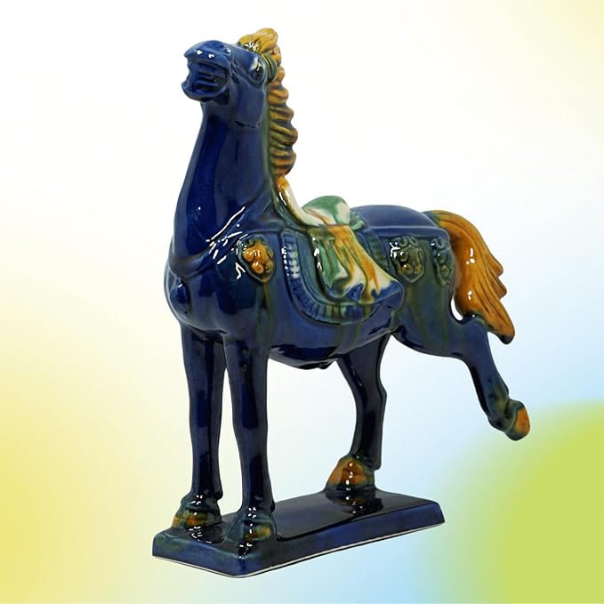 Handmade -Tang Dynasty Tri-Color Horse Sculpture Ceramic Horse-19cm Cultural Art Piece for Home,Bookcase or Office Decor (Blue)