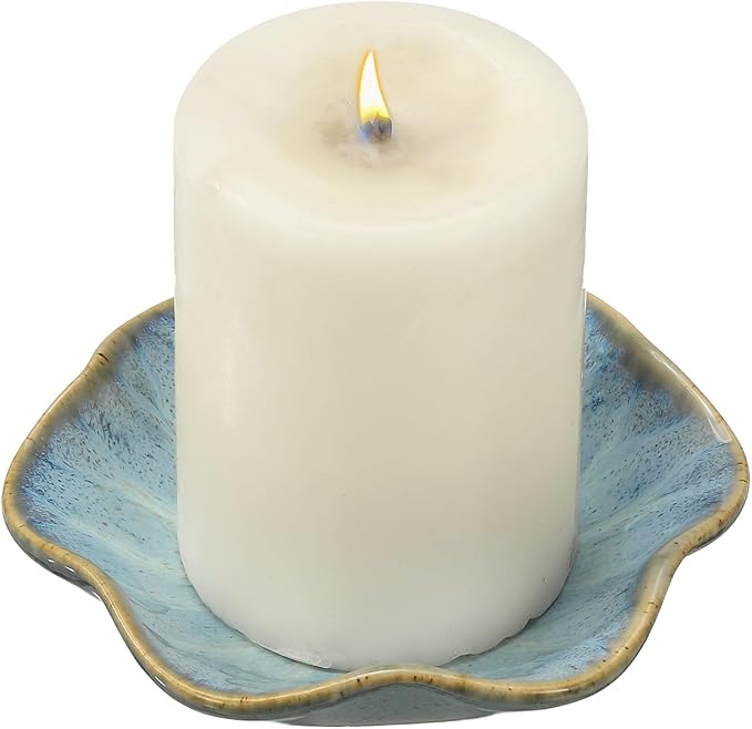 uxcell Candle Holder Plates, 4 Inch Ceramic Candle Tray Tealight Incense Holder Dish Candlestick for Tea Light Aromatherapy Wedding Rustic Vintage Home Decor, Lotus Leaf Retro Blue