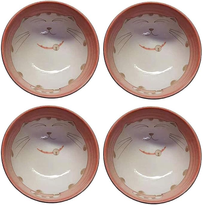 JapanBargain, Set of 4 Japanese Large Porcelain Bowls Seving Soup Rice Noodle Salad, Maneki Neko Smiling Cat Pattern, 34 fl.oz, 6.25-inch, Made in Japan