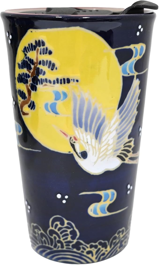 Urban Tokyo 12oz Porcelain Double Wall Travel Mug with Splash Resistant Lid, Asian Style Design, Ceramic Handpainted Reusable Tumbler, Coffee Tea On the Go (Moon Crane)
