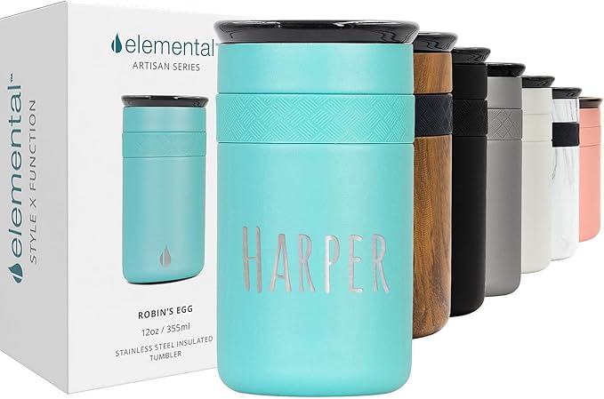 Elemental Personalized Artisan Insulated Tumbler, Triple Wall Coffee Travel Tumbler, Reusable Stainless Steel Coffee Tumbler with Ceramic Lid, Thermal Coffee Cup for Hot & Cold, 12oz - Robin's Egg