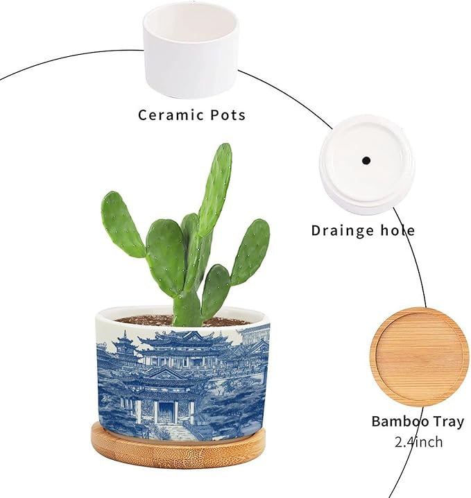Planters Ceramic Chinoiserie Blue And White Porcelain Pattern Ceramic Pots with Drainage Holes Round Flowerpot Bamboo Tray Plant Pots for Succuelnt And Little Snake Plants Pots for Nana Grandma
