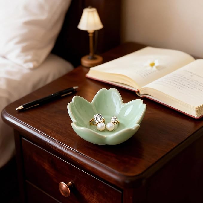 Sage Green Flower Ring Dish Ceramic Jewelry Tray, Small Trinket Dish Ring Bowl Jewelry Holder Organizer for Vanity/Bathroom/Nightstand, Birthday/Xmas/Engagement Gift for Women/Best Friends/Bride