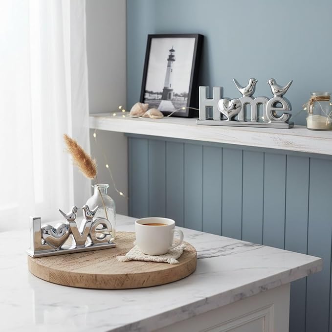 Ceramic Love & Home Sign Decor with Bird Statues Set 2,10" Modern Silver Tabletop Sculptures for TV Stand,Floating Shelf & Entryway,Romantic Wedding & Warm Housewarming Gift Set (Silver)