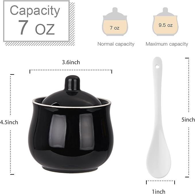Ceramic Sugar Bowl with Lid and Spoon, Black Porcelain Sugar Salt Pepper Storage Jar, 7 Ounces