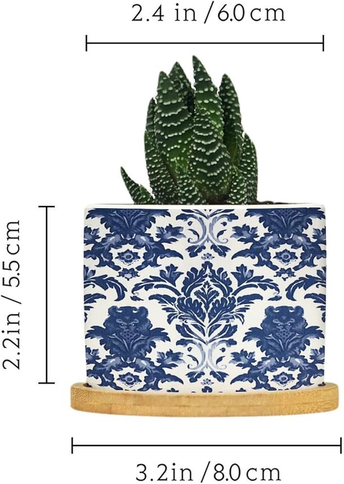 Blue Regalia Lion Ceramic Planters Chinoiserie Geometric Print Flower Pots for Indoor Plants with Drainage Holes and Saucers Pot for Outdoor Garden Home Plant