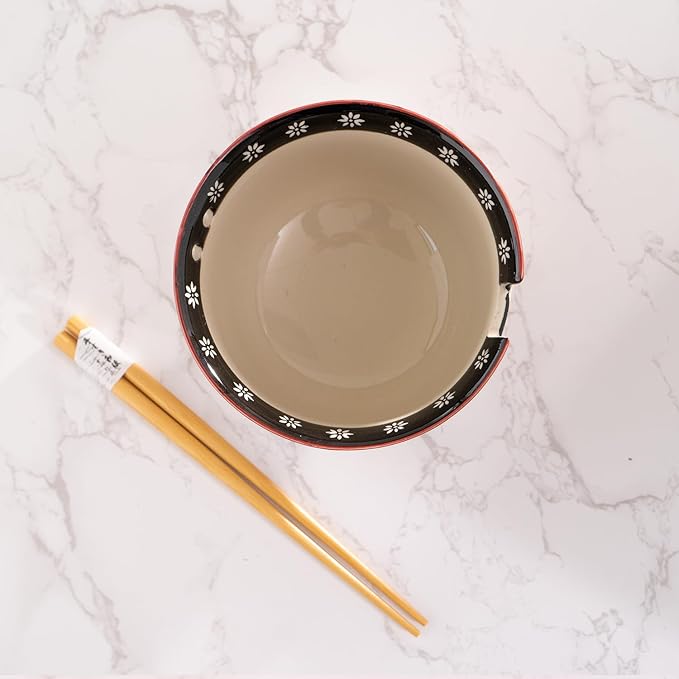 Urban Tokyo Handpainted Ceramic Glazed Japanese Ramen Udon Noodle Rice Bowl With Chopsticks 20 fl oz 5 inch Diameter Bowl Sets Color Box Packaging (Sakura Cherry Blossoms)