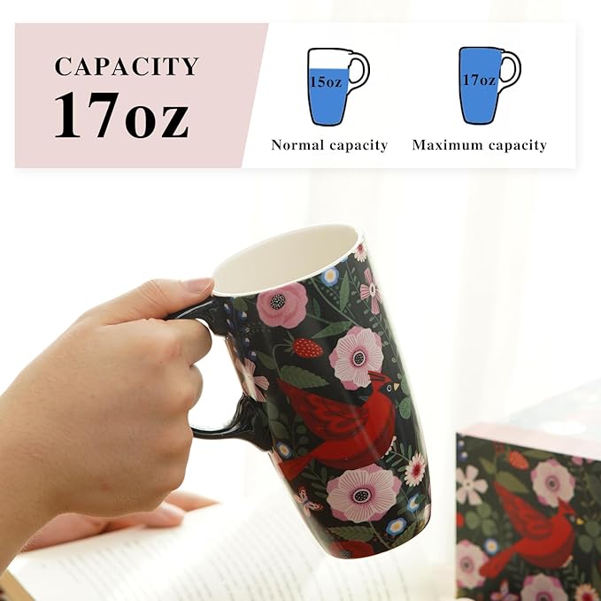 Topadorn Ceramic Travel Mug Cardinal Bird Porcelain Latte Tea Cup Coffee Mug with Matched Box, 17oz.