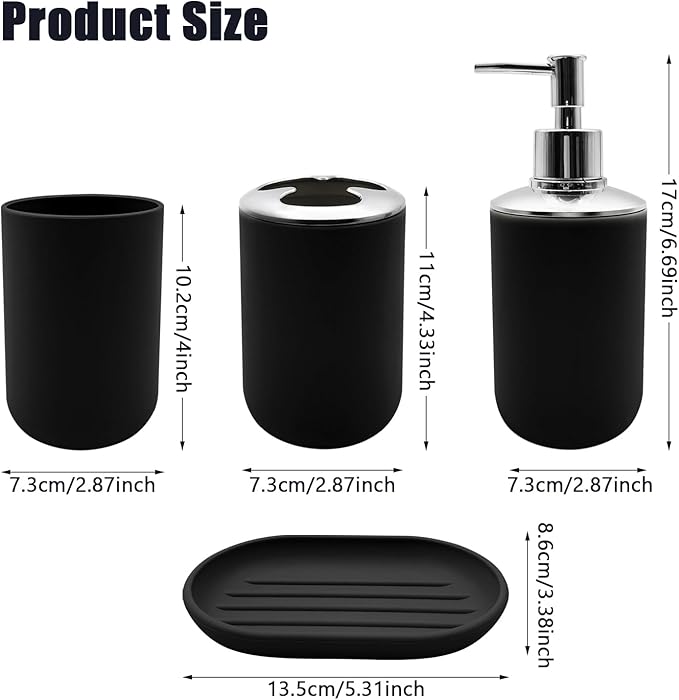 Bathroom Accessory Set, 4 pcs Shatter-Resistant Resin Bathroom Accessories Set Include Lotion Soap Dispenser Toothbrush Holder Soap Dish Modern Bathroom Decor, Gift for Home (Black 4pcs)