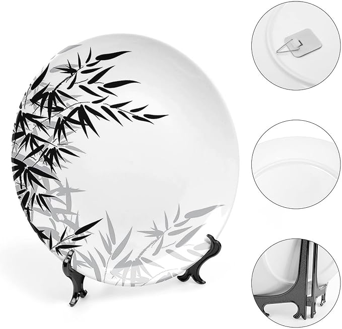 XISUNYA 6 Inch Decorative Plate, Janpese Decor Tableware Plate, Bamboo Leaves Art Print Ceramic Wall Hanging Decor Accessory for Dining Table Tabletop Home Decor