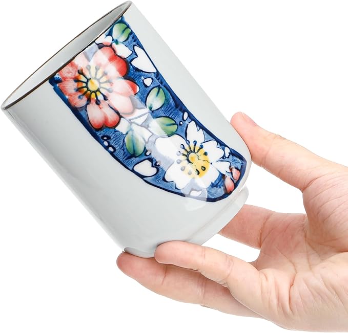 Set of 4 Japanese Tea Cups, 10 Oz Ceramic Handleless Coffee Mugs, Compact Ceramic Tea Cup Floral Pattern for Tea Matcha Latte Juice Gifts, Microwave Dishwasher Safe