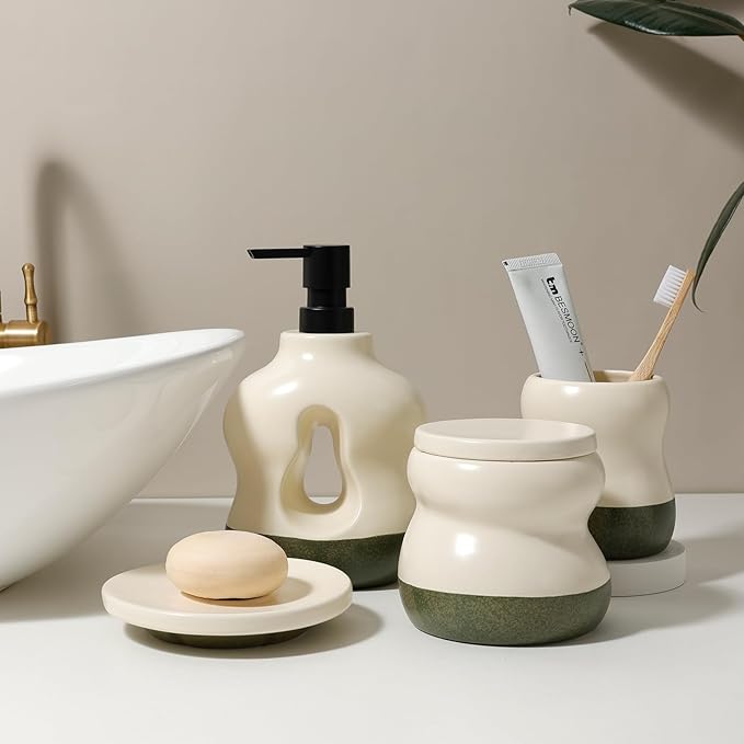 BosilunLife Bathroom Accessories Set of 4 - Beige Bathroom Countet Soap Set Bathroom Decor Bathroom Lotion Soap Dispenser Sets Toothbrush Holder, Soap Dish, Apothecary Jar (Beige with Sage Base)