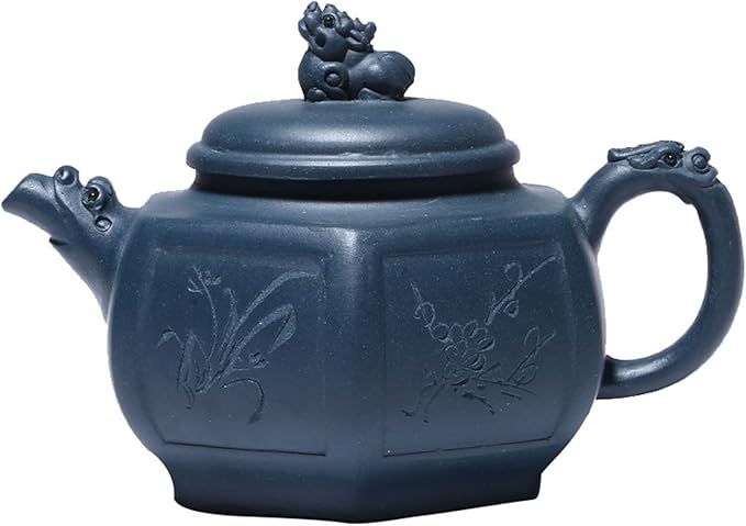 Yixing Clay Teapot 10oz Zisha Tea Pot Hexagonal Handmade Dragon and Lion Chinese Kungfu Tea Set (Tianqing clay)