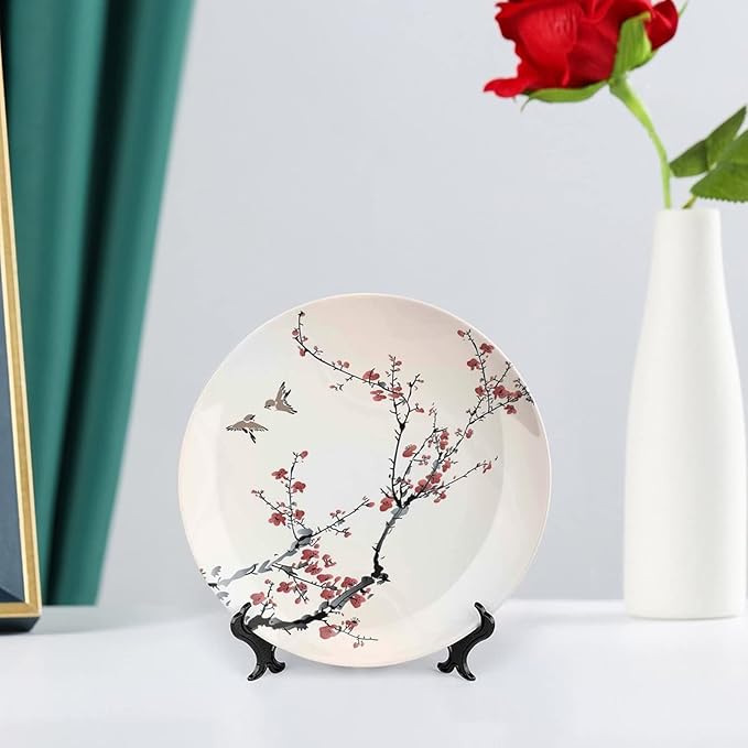 8 Inch Decorative Plate, Japanese Decor Porcelain Plate, Cherry Branches Flowers Buds and Birds Asian Print Ceramic Wall Hanging for Fine Dining For Upscale Events, Dinner Parties, Weddings, Catering