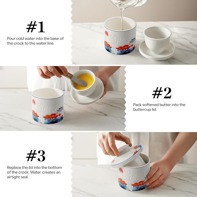 Toptier Butter Crock for Counter With Water Line, On Demand Spreadable Butter, Ceramic Butter Keeper to Leave On Counter, French Butter Dish with Lid, (Mangrove Forest)