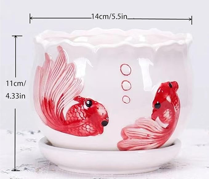 Ceramic Home/Garden Modern Flower Planter Pot with Saucer/Tray - Outside Red Fish Design,Meaning More Than Enough Year After Year