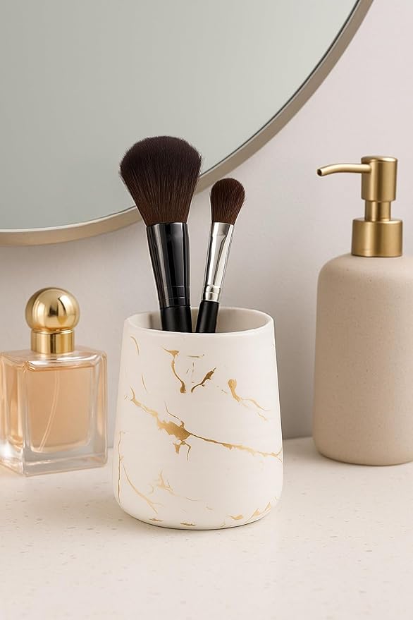 Marble Ceramic Toothbrush Holder Cup – 14.2oz Bathroom Tumbler for Toothbrushes, Makeup Brushes, or Rinsing, White with Gold Veins