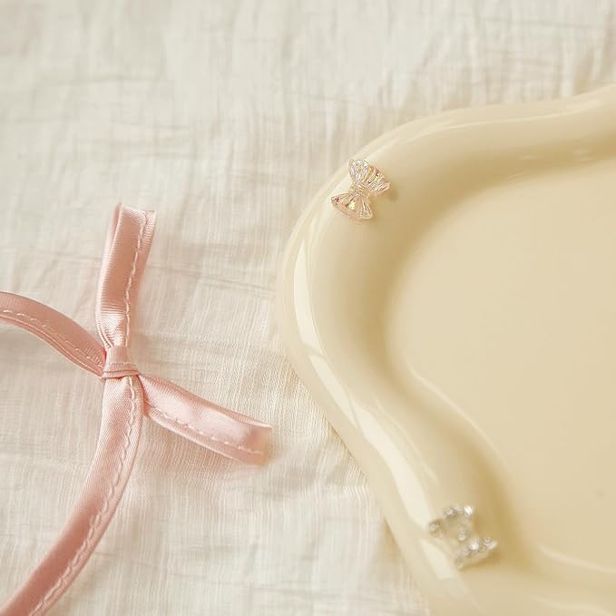 Jewelry Dish Trinket Tray for Women, Ring Dish Holder, Unique Cloud Shape Ceramic Plate Cute Things Vanity Aesthetic Room Decor Mother's Day Birthday (Bow Cream)