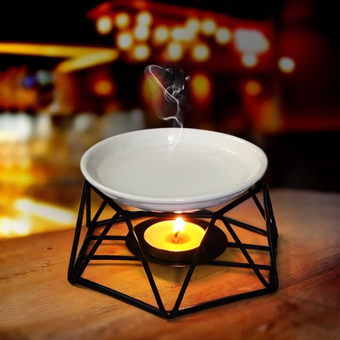 SXCHEN Delicate Romantic Hexagon Shaped Geometric Design Ceramic Tealight Candle Holder Oil Burner, Essential Oil Incense Aroma Diffuser Furnace Home Decoration Stylish Design Black Metal
