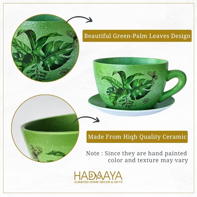 7.5" Ceramic Teacup Planter Pot with Saucer | Ideal for Succulents, Orchids, Herbs & Flowers, for St. Patrick's Day | Indoor & Outdoor Use Green - Palm Leaves