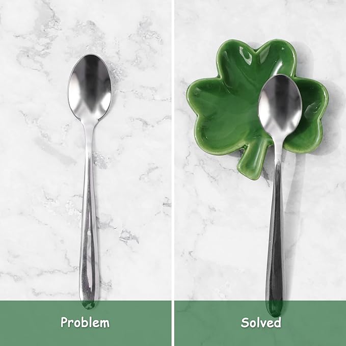 Whaline 4 Pcs St.Patrick's Day Mini Ceramic Spoon Rest Gradient Green Shamrock Lucky Clover Small Coffee Spoon Holder for Irish Holiday Party Home Coffee Station Bar Accessories, 2.7 Inch