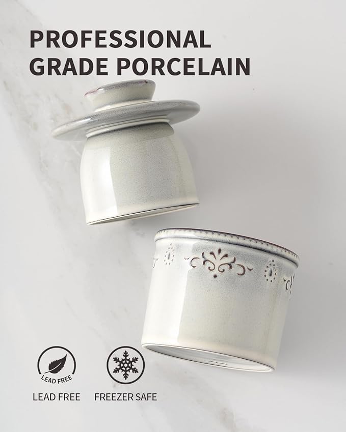 XELA Ceramic Butter Dish - French Butter Crock With Water Line - Keeps Your Butter Fresh and Spreadable - Light Gray