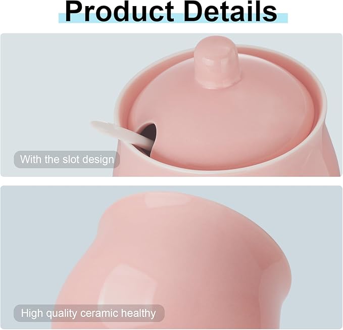 Ceramic Sugar Bowl with Lid and Spoon, Pink Porcelain Sugar Salt Pepper Storage Jar, 7 Ounces