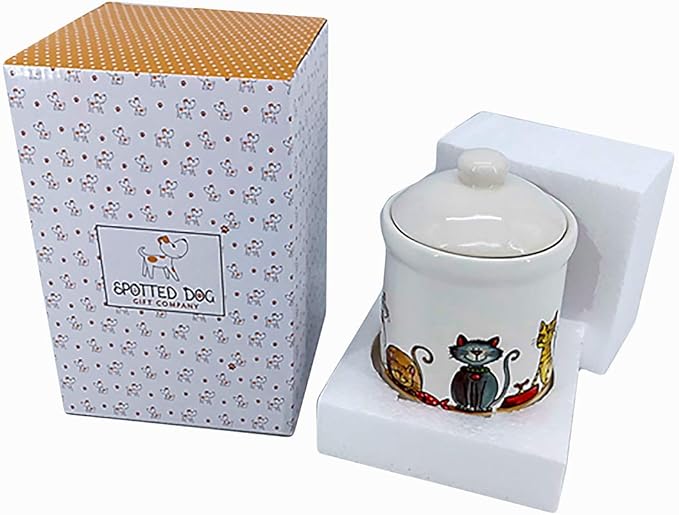 SPOTTED DOG GIFT COMPANY Ceramic Jar with Lid for Countertop, Cute Cat Treat Container, Decorative Kitchen Storage Jar for Tea Coffee Sugar, Gifts for People Who Love Cats 35oz