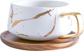 LUCCK 12oz Ceramic Marble Tea Cup with Wooden Saucer Ceramic Coffee Cup Cappuccino Cup Luxury Gold Inlay Fashion Marble Pattern for Women(White)