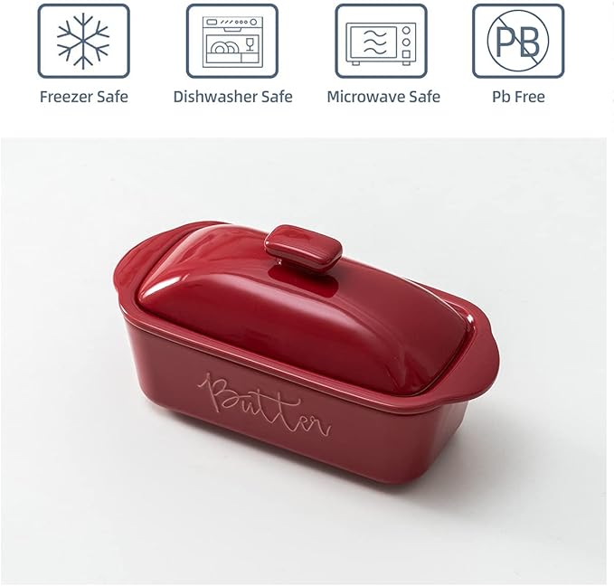 FE Butter Dish, 10 oz Ceramic Butter Keeper with Water Line, French Butter Dish with Lid for Countertop (Apple Red)