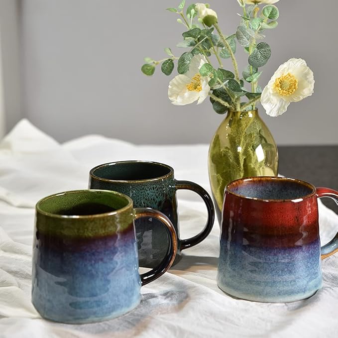 Large Ceramic Coffee Mug, Pottery Mug,Tea Cup for Office and Home,Handmade Pottery Coffee Mugs,16.5 Oz,Dishwasher and Microwave Safe,kiln altered glaze craft (Dark Green)